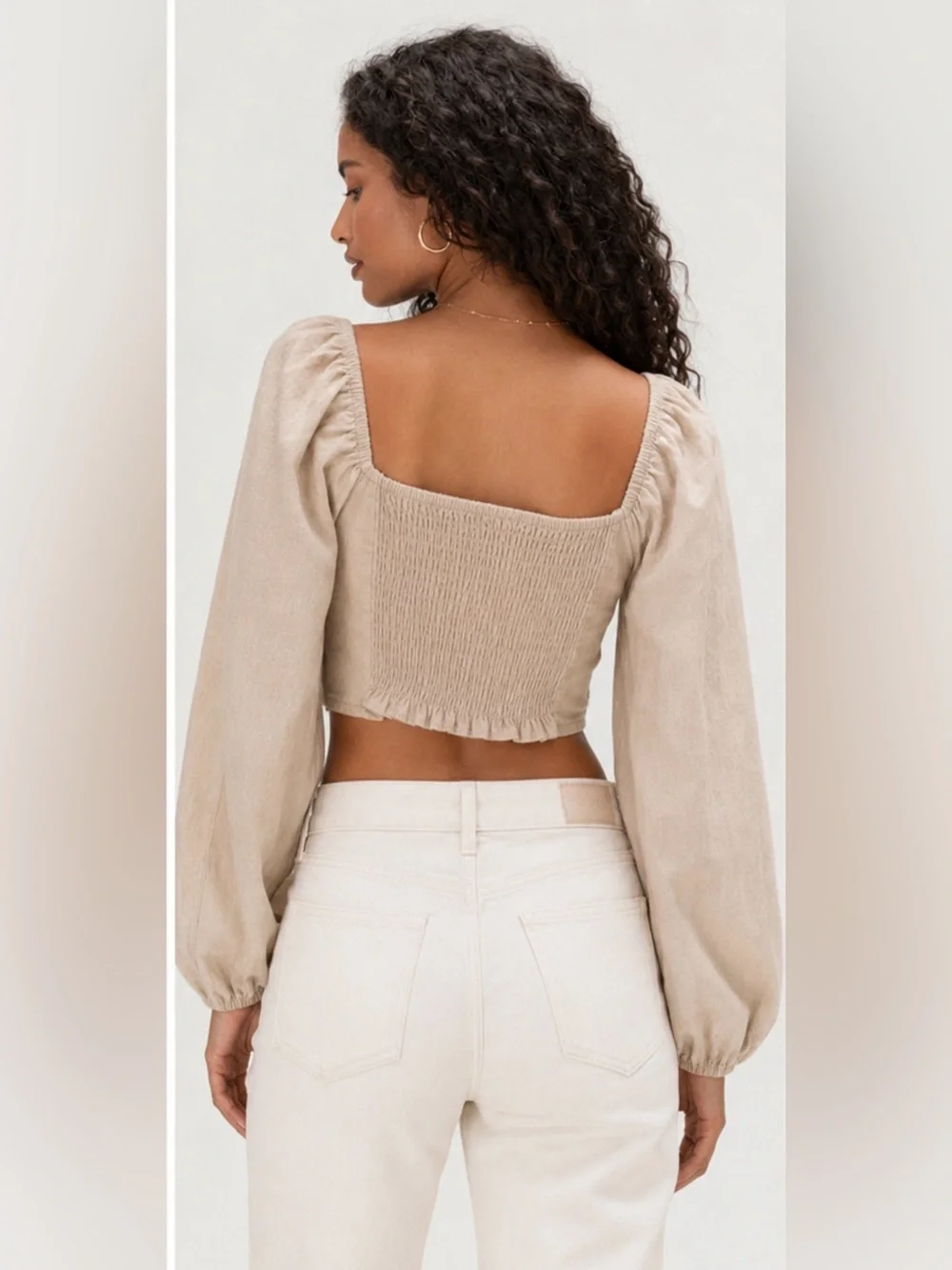 Kirious Los Angeles Linen Blend Puff Sleeve Crop Top | Beige | Size Large - Picture 2 of 5